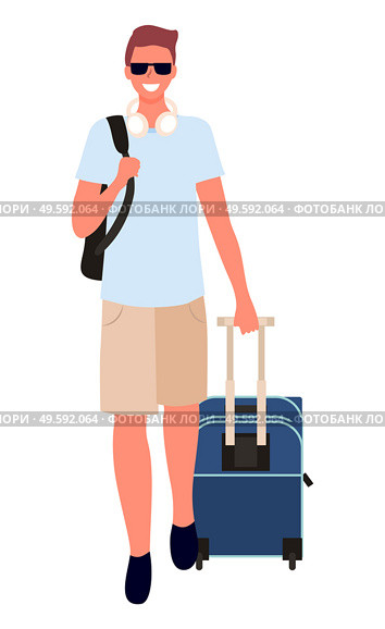 Man traveling on vacation vector, isolated male character wearing sunglasses and carrying luggage. Bag on shoulder of traveler, adventurous person. Business Trip of Man with Baggage, Male with Bag. Стоковая иллюстрация, агентство Ingram Publishing / Фотобанк Лори