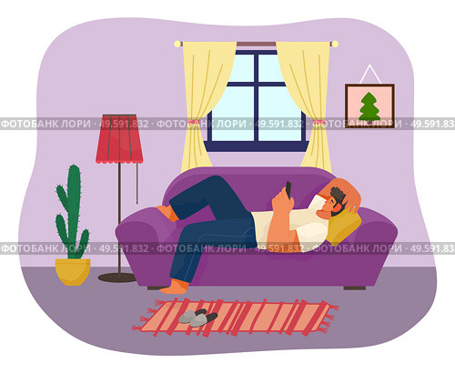 Man using phone lying on sofa or couch at home. Guy relaxing with smartphone lying on pillow. Man tired from quarantine self-isolation at home. Person wasting time in internet, have recreation. Man using phone lying on sofa in room, guy relaxing at home, tired from quarantine isolation. Стоковая иллюстрация, агентство Ingram Publishing / Фотобанк Лори
