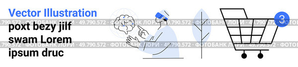 Man using VR headset for brain simulation, minimalistic leaf symbol, shopping cart with notification bubble. Ideal for technology, environment, e-commerce, digital transformation, consumer behavior. Futuristic Technology Interaction, Nature Symbol, and Online Shopping Cart with Notification Bubble. Стоковая иллюстрация, агентство Ingram Publishing / Фотобанк Лори