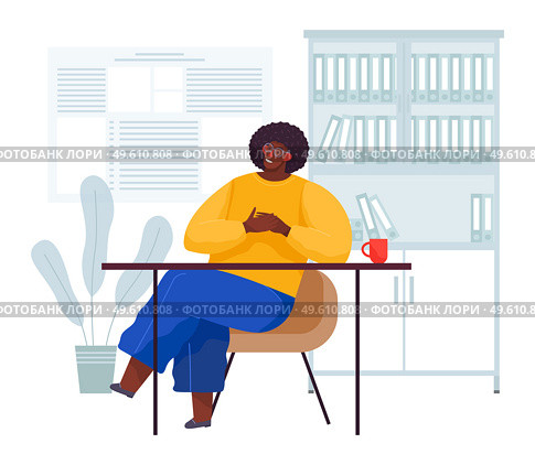 Man wearing casual clothes sitting at his empty office desk. Break time worker sitting drinking coffee resting. Businessman came to meeting with a partner waiting him in the reception room. Man wearing casual clothes sitting at his office desk. Break time worker sitting drinking coffee. Стоковая иллюстрация, агентство Ingram Publishing / Фотобанк Лори