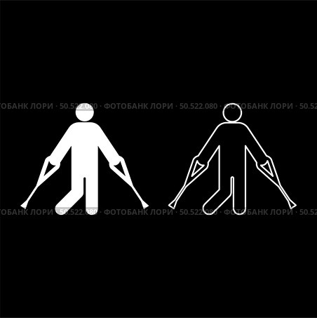 Man with crutchs crutches broken leg in cast gypsum bone injury fracture set icon white color vector illustration image simple solid fill outline contour line thin flat style. Man with crutchs crutches broken leg in cast gypsum bone injury fracture set icon white color vector illustration image solid fill outline contour line thin flat style. Стоковая иллюстрация, агентство Ingram Publishing / Фотобанк Лори