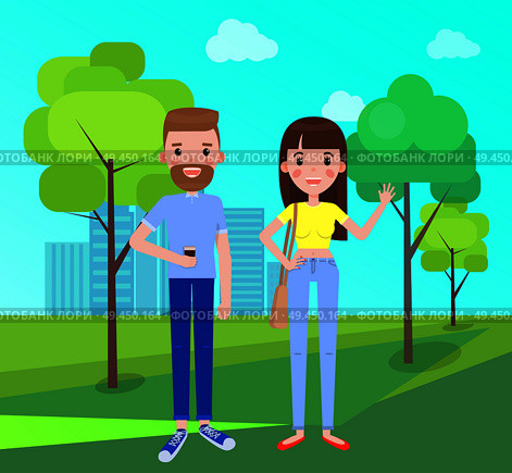 Man with cup of coffee and woman in everyday apparel vector on background of buildings. Male female in jeans and tshirt, bearded man hold drink vector. Man and Woman Everyday Apparel Vector in Park. Стоковая иллюстрация, агентство Ingram Publishing / Фотобанк Лори
