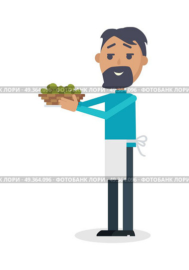 Man with Olives Isolated on White. Spain Festival.. Man with olives isolated on white. Seller propose fresh olives at Spain festival. Flat style design. Best price. Man with beard in white apron sale green olives. Holiday event. Vector illustration. Стоковая иллюстрация, агентство Ingram Publishing / Фотобанк Лори