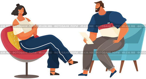 Man with paper interviewing woman. Character works at radio station with podcast. Broadcasting live, recording interview with studio guest. Girl communicates with male journalist during podcast. Girl on armchair is communicating with male journalist. Man with paper interviewing woman in studio. Стоковая иллюстрация, агентство Ingram Publishing / Фотобанк Лори