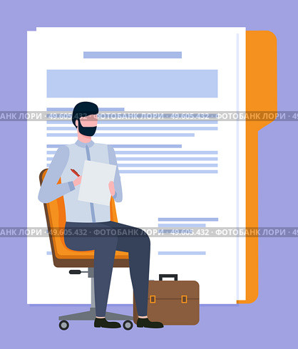 Man worker sitting on chair with pen and paper, employee writing article or document report. Broker character and information, professional vector. Employee Writing, Broker with Document Vector. Стоковая иллюстрация, агентство Ingram Publishing / Фотобанк Лори