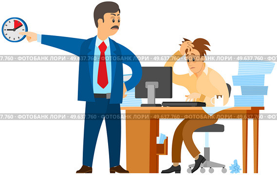 Man working at computer and doing paperwork to finish task. Boss urges employee to complete assignment on time. Angry director with subordinate work to deal with deadline. Business people at workplace. Boss urges employee to complete assignment on time. Director with subordinate deal with deadline. Стоковая иллюстрация, агентство Ingram Publishing / Фотобанк Лори
