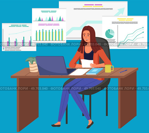 Manager analyzes data scene. Female character researching statistics from charts. Increase sales and skills. Monitoring investment. Finance report graph. Woman sitting with laptop looking at diagram. Manager analyzes data scene. Increase sales and skills. Monitoring investment. Finance report graph. Стоковая иллюстрация, агентство Ingram Publishing / Фотобанк Лори
