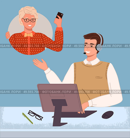 Managers in call center hotline. Online support worker, telephone service operator. Dispatcher, workplace of customer support manager at computer desk. Remote service specialist with headphone. Managers in call center hotline. Online customer support worker, telephone service operator. Стоковая иллюстрация, агентство Ingram Publishing / Фотобанк Лори