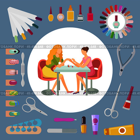 Manicure manicurist and tools nails polishing process. Set of isolated icons, file and scissors, lotions and separator toenails, essential oils vector. Manicure Manicurist and Tools Nails Set Vector. Стоковая иллюстрация, агентство Ingram Publishing / Фотобанк Лори