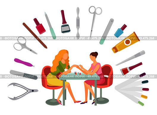 Manicurist and client, manicure procedure and set of tools. File and scissors, lotions and separator toenails, essential oils vector nail polish instruments. Manicurist and Client, Manicure Procedure Tool Set. Стоковая иллюстрация, агентство Ingram Publishing / Фотобанк Лори