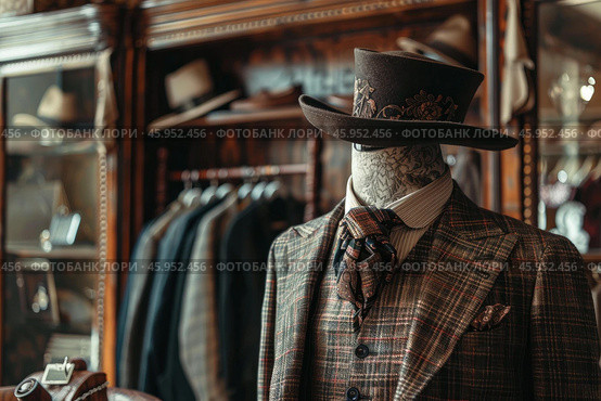 Mannequin wearing elegant tweed suit and top hat in a retro fashion boutique. Стоковое AI-изображение, AI-художник Иван Рябоконь / Фотобанк Лори