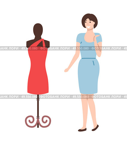 Mannequin with red dress and pretty woman going to by new apparel. Vector dummy with fashionable modern gown and lady in blue isolated, cartoon style. Mannequin with Red Dress and Pretty Woman Vector. Стоковая иллюстрация, агентство Ingram Publishing / Фотобанк Лори