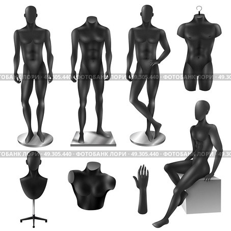 Mannequins Men Realistic Black Image Set. Retail window display black realistic sport fashion male full body and partial mannequins collection isolated vector illustration. Стоковая иллюстрация, агентство Ingram Publishing / Фотобанк Лори