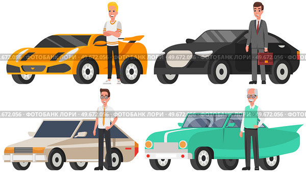 Mans of different generations next to their personal transport. Stages of development of boy, adolescence, maturity, old age. Elderly, adult and young male standing near automobiles, cars. Mans of different generations next to their personal transport. Male standing near automobiles. Стоковая иллюстрация, агентство Ingram Publishing / Фотобанк Лори