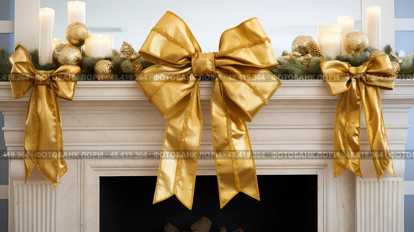 mantel gold christmas bow ai generated. Стоковое AI-изображение, AI-художник Vectorwin / Фотобанк Лори