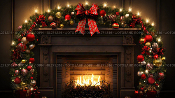 mantel wreath with lights ai generated. Стоковое AI-изображение, AI-художник Vectorwin / Фотобанк Лори
