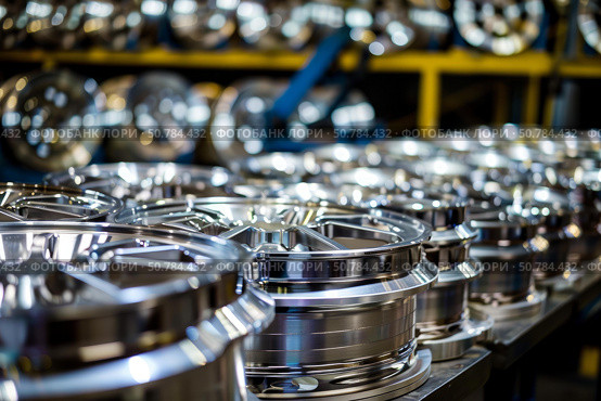 Manufacturing line of shiny new alloy wheels being produced. Стоковое AI-изображение, AI-художник Иван Рябоконь / Фотобанк Лори