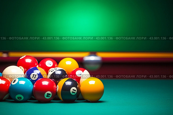 Many colorful billiard balls and cue. Generate Ai. Стоковое AI-изображение, AI-художник Иван Рябоконь / Фотобанк Лори
