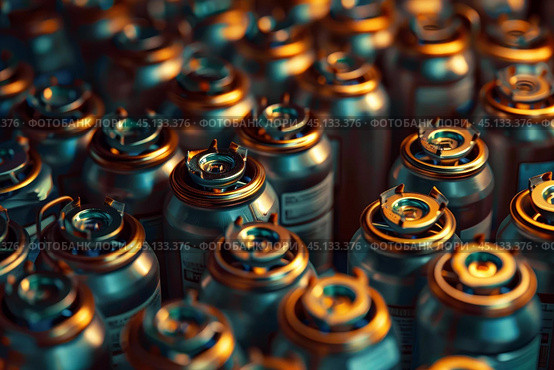 Many gas cylinders standing close together in warehouse. Стоковое AI-изображение, AI-художник Иван Рябоконь / Фотобанк Лори