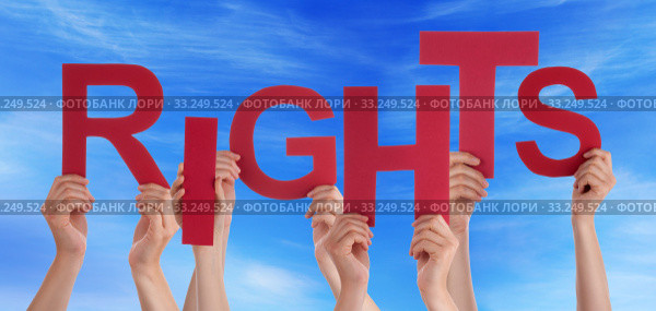 Many People Hands Holding Red Word Rights Blue Sky. Стоковое фото, фотограф Nadja Blume / Smarterpix / Фотобанк Лори