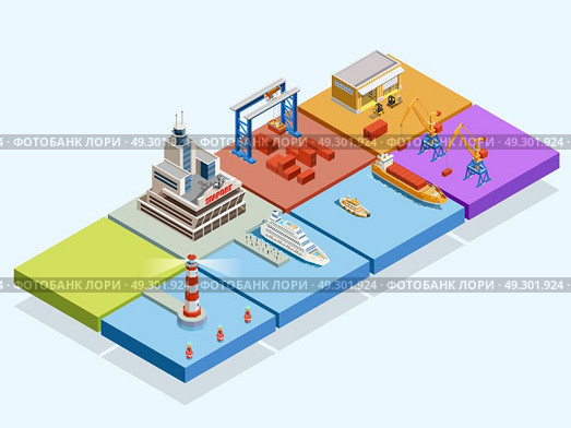 Maritime Logistic Isometric Concept. Maritime logistic isometric concept with ships lighthouse port crane containers warehouse tug passengers vector illustration. Стоковая иллюстрация, агентство Ingram Publishing / Фотобанк Лори
