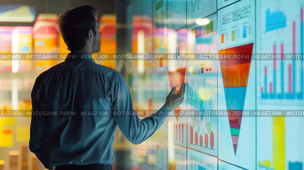 Marketer creating sales funnel diagram. Стоковое AI-изображение, AI-художник Anastasy Yarmolovich / Фотобанк Лори