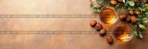 Марокканский Ид аль Фитр плоский стол с финиками и чаем для праздничного празднования. Стоковое AI-изображение, AI-художник ФотоИнтеллект / Фотобанк Лори