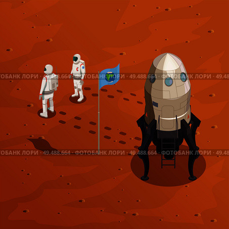 Mars exploration design concept with two astronauts in spacesuit walking on surface of red planet vector illustration. Стоковая иллюстрация, агентство Ingram Publishing / Фотобанк Лори