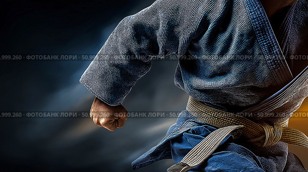 Martial artist in blue gi performs a powerful punch, showcasing strength and technique against a dramatic dark background, embodying the spirit of martial arts and determination. Стоковое AI-изображение, AI-художник Ирина Ручушкина / Фотобанк Лори