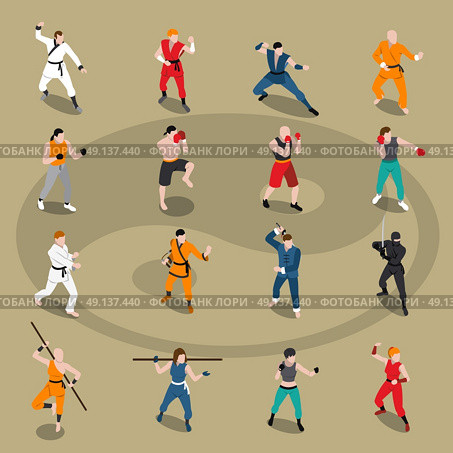 Martial Arts Isometric People Set. Isometric set of people doing different eastern and european martial arts isolated on background with yin yang vector illustration. Стоковая иллюстрация, агентство Ingram Publishing / Фотобанк Лори