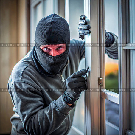 Masked Burglar Attempting To Break Into A House Through A Window. Generative AI. Стоковое AI-изображение, AI-художник Roman Zavorotny / Фотобанк Лори