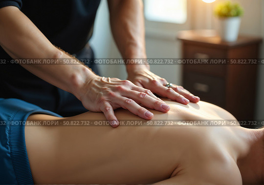 Массажист делает массаж мужчине. A massage therapist massages a man. Стоковое AI-изображение, AI-художник Смирнова Светлана / Фотобанк Лори