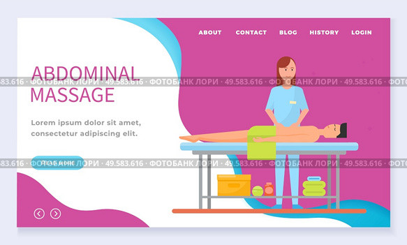 Masseuse with client giving abdominal massage therapy. Client and specialist at spa salon therapy. Professional and ill patient. Website or webpage template, landing page, vector in flat style. Abdominal Massage, Masseuse with Client Website. Стоковая иллюстрация, агентство Ingram Publishing / Фотобанк Лори