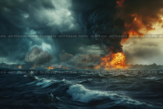 Massive firestorm over the ocean with dark smoke clouds, illustrating the catastrophic impact of natural disasters. For educational, environmental awareness, and emergency response materials. Стоковое AI-изображение, AI-художник Лариса Пономарева / Фотобанк Лори