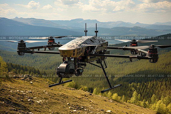 Massive remote controlled flying machine gracefully soars over a picturesque hillside, its remote operator skillfully maneuvering its movements through the emerald landscape. Стоковое AI-изображение, AI-художник Данила Большаков / Фотобанк Лори