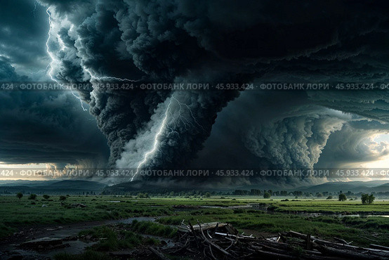 Massive tornado backdrop, huge cyclone, scene apocalyptic feeling. Thunderstorm landscape of natural disaster, nature scenery. Global earth ecology problem, climate change concept. Copy ad text space. Стоковое AI-изображение, AI-художник Aleksandr Golubev / Фотобанк Лори