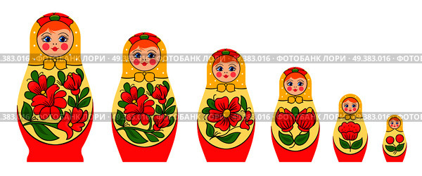 Matryoshka polhov-maidanskaya family set with flat isolated images of nesting dolls set with traditional coloring vector illustration. Russian Stacking Doll Set. Стоковая иллюстрация, агентство Ingram Publishing / Фотобанк Лори