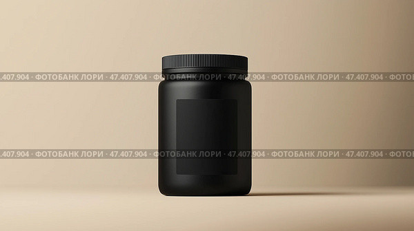 Matte black pre-workout container on a minimalist pedestal with shadows. Гладкий матово-черный контейнер для употребления перед тренировкой стоит на простом постаменте, окруженный мягкими тенями от источника света, подчеркивающими его современный дизайн и обтекаемую форму. Стоковое AI-изображение, AI-художник Katsiaryna Repich / Фотобанк Лори