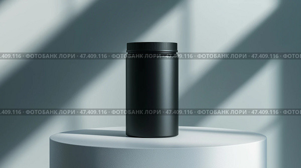 Matte black pre-workout container on a minimalist pedestal with shadows. Гладкий матово-черный контейнер для употребления перед тренировкой стоит на простом постаменте, окруженный мягкими тенями от источника света, подчеркивающими его современный дизайн и обтекаемую форму. Стоковое AI-изображение, AI-художник Katsiaryna Repich / Фотобанк Лори
