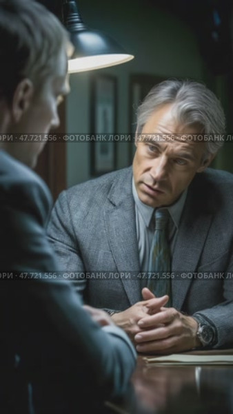 Mature businessman answering questions during police interrogation. Стоковое AI-видео, аниматор Юрий Поздников / Фотобанк Лори
