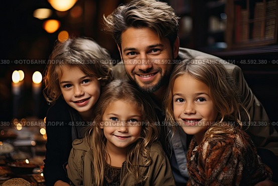 Mature man proudly poses alongside his beloved family, capturing essence of unconditional love and strength found in generational connections. Стоковое AI-изображение, AI-художник Данила Большаков / Фотобанк Лори