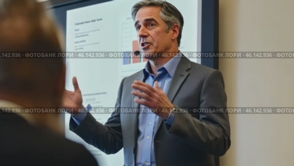 Mature man speaker on stage answering audience questions. Management coaching. Leader male in business suit conference speaker giving talk at meeting session, looking at the audience, gesturing hands. Стоковое AI-видео, аниматор Марина Демидюк / Фотобанк Лори