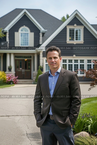 Mature man stands confidently in front of a grand and imposing large house, looking towards the camera. Стоковое AI-изображение, AI-художник Данила Большаков / Фотобанк Лори