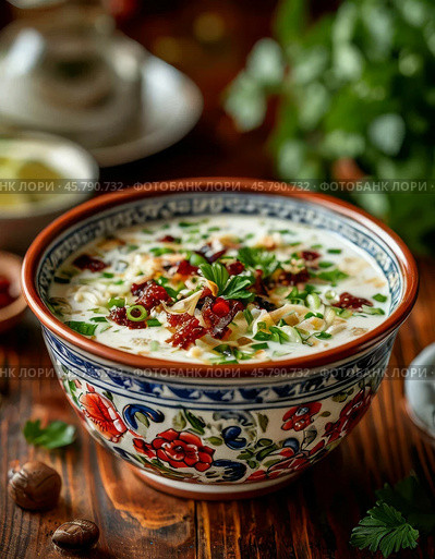 May 30 is one of the gastronomic holidays — Okroshka Day. Okroshka is one of the most popular summer dishes, a traditional dish of Russian cuisine. Стоковое AI-изображение, AI-художник Сергей Елизарьев / Фотобанк Лори