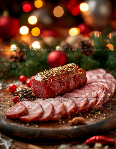 Meat balyk on the New Year's table. Balyk is a piece of meat without bones, tendons and fat, regardless of the type of meat, it can be pork, beef and even horse meat, subjected to salting and heat treatment. Стоковое AI-изображение, AI-художник Сергей Елизарьев / Фотобанк Лори