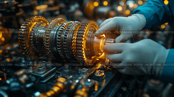 Mechanic repairing a vehicle transmission with precision and efficiency. Опытный механик кропотливо работает над коробкой передач автомобиля, регулируя и проверяя сложные шестеренки в тускло освещенной мастерской, заполненной инструментами и механизмами. Стоковое AI-изображение, AI-художник Katsiaryna Repich / Фотобанк Лори