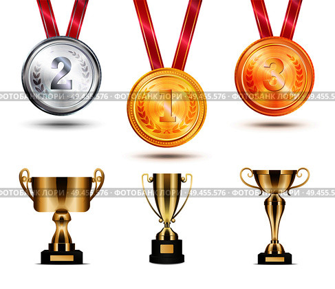 Medals collection and trophies set, awards with ribbons and lace prizes in form of cup on pedestal, vector illustration isolated white background. Medals Collection and Trophies Vector Illustration. Стоковая иллюстрация, агентство Ingram Publishing / Фотобанк Лори