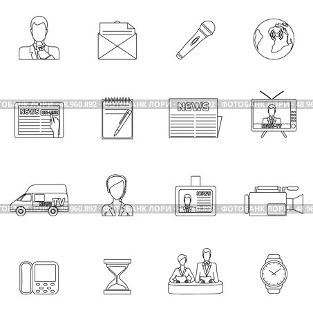 Media news icons outline set with speaker posting shooting report isolated vector illustration. Стоковая иллюстрация, агентство Ingram Publishing / Фотобанк Лори