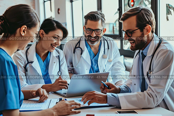 Medical colleagues discuss the treatment of patients in the resident's room. Стоковое AI-изображение, AI-художник Ярославский Максим / Фотобанк Лори