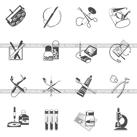Medical dental instruments and accessories black icons set with surgery scalpel and forceps abstract isolated vector illustration. Medical healthcare icons set black. Стоковая иллюстрация, агентство Ingram Publishing / Фотобанк Лори